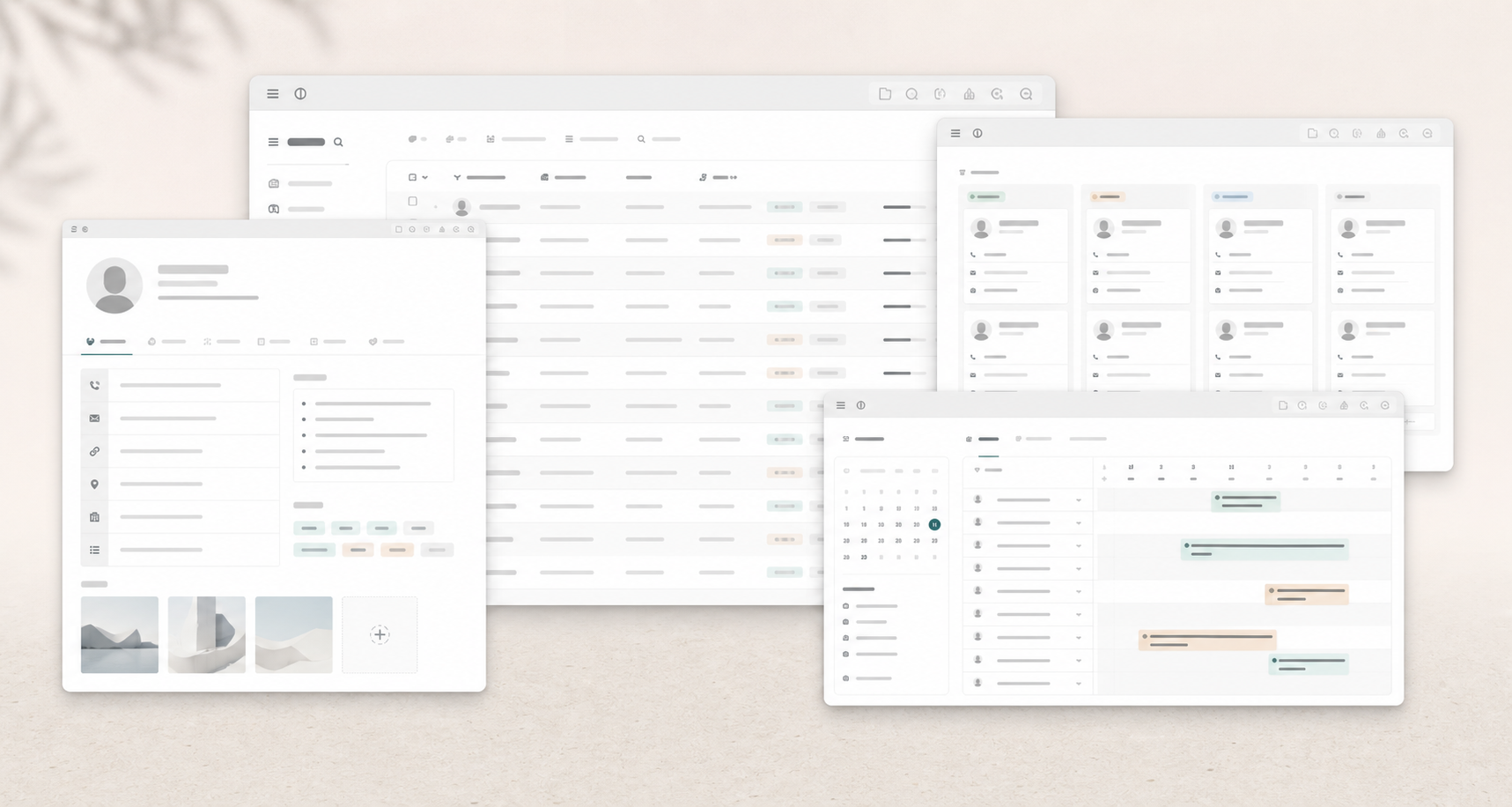 Абстрактный мокап базы контактов и карточек отношений в Notion